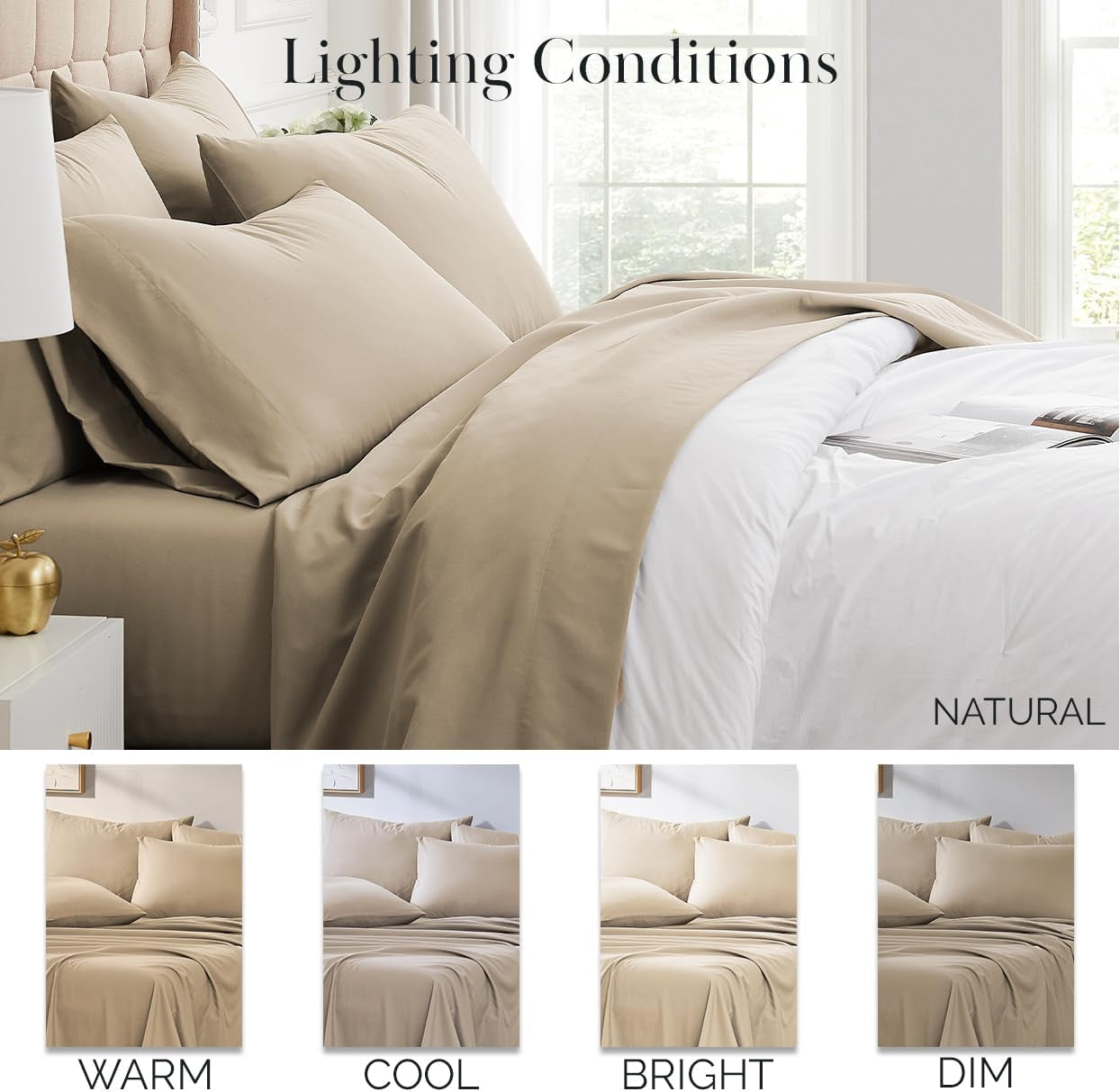 6-Piece Microfiber Bed Sheets Queen Size Set, 21-Inch Extra Deep Pocket Fitted Sheet Queen, Oversized Flat Sheet, Taupe Pillow Cases Set of 4, Taupe Sheets