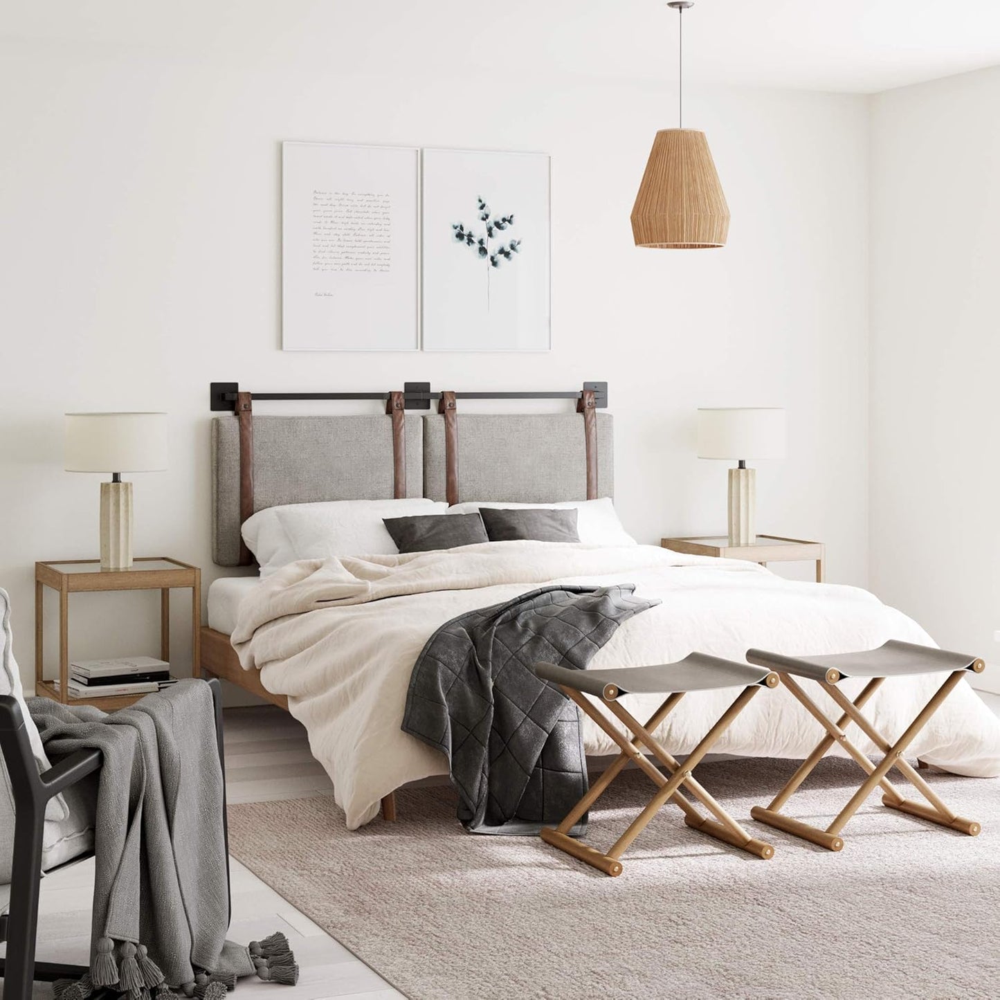 Harlow Modern Wall Mount Hanging Headboard, King, Gray with Brown Faux Leather Straps
