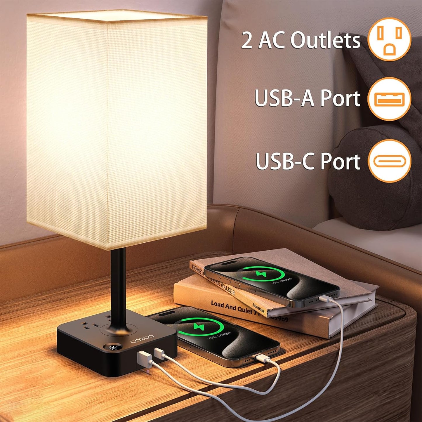 Table Lamp Dimmable USB Bedside Table Desk Lamp with 2 USB Charging Port(A+C) 2 Outlet,Nightstand Lamp with Charger Base White Fabric Shade,Led Touch Lamp for Bedroom/Livingroom/Dorm/Home Office