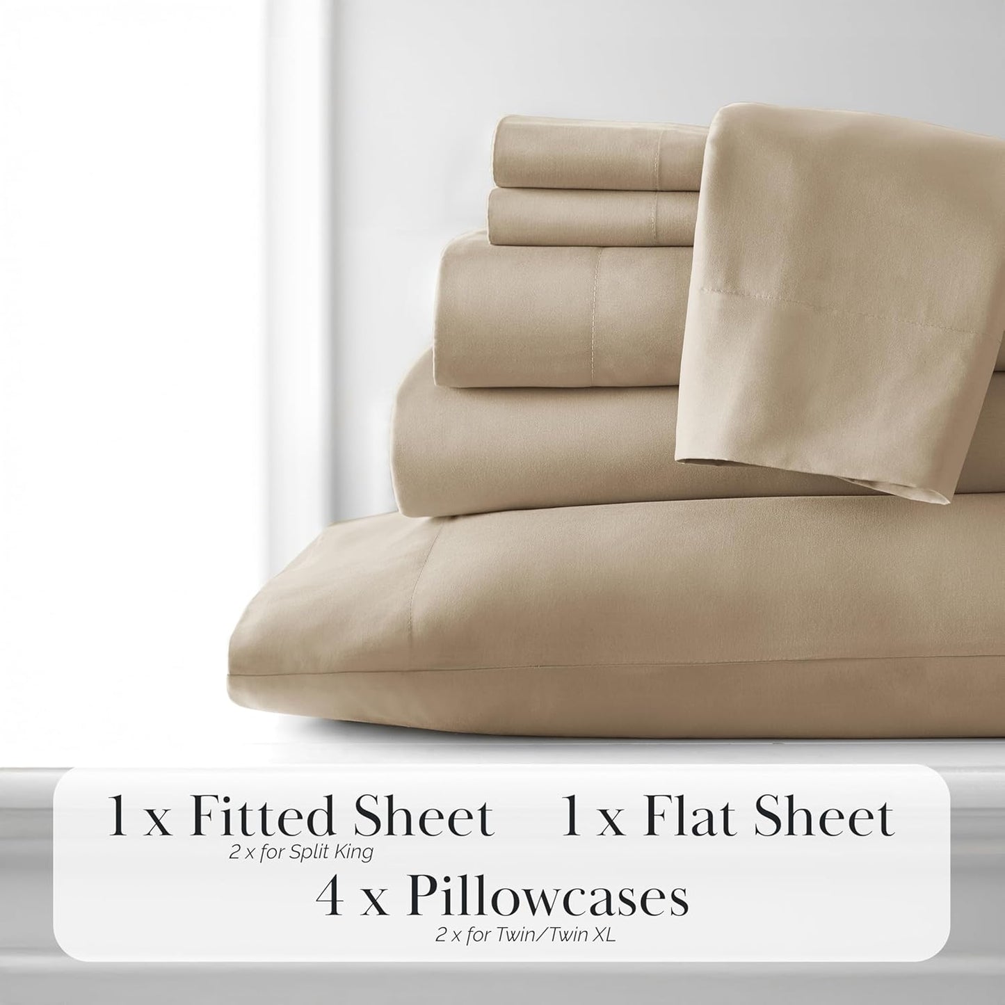 6-Piece Microfiber Bed Sheets Queen Size Set, 21-Inch Extra Deep Pocket Fitted Sheet Queen, Oversized Flat Sheet, Taupe Pillow Cases Set of 4, Taupe Sheets