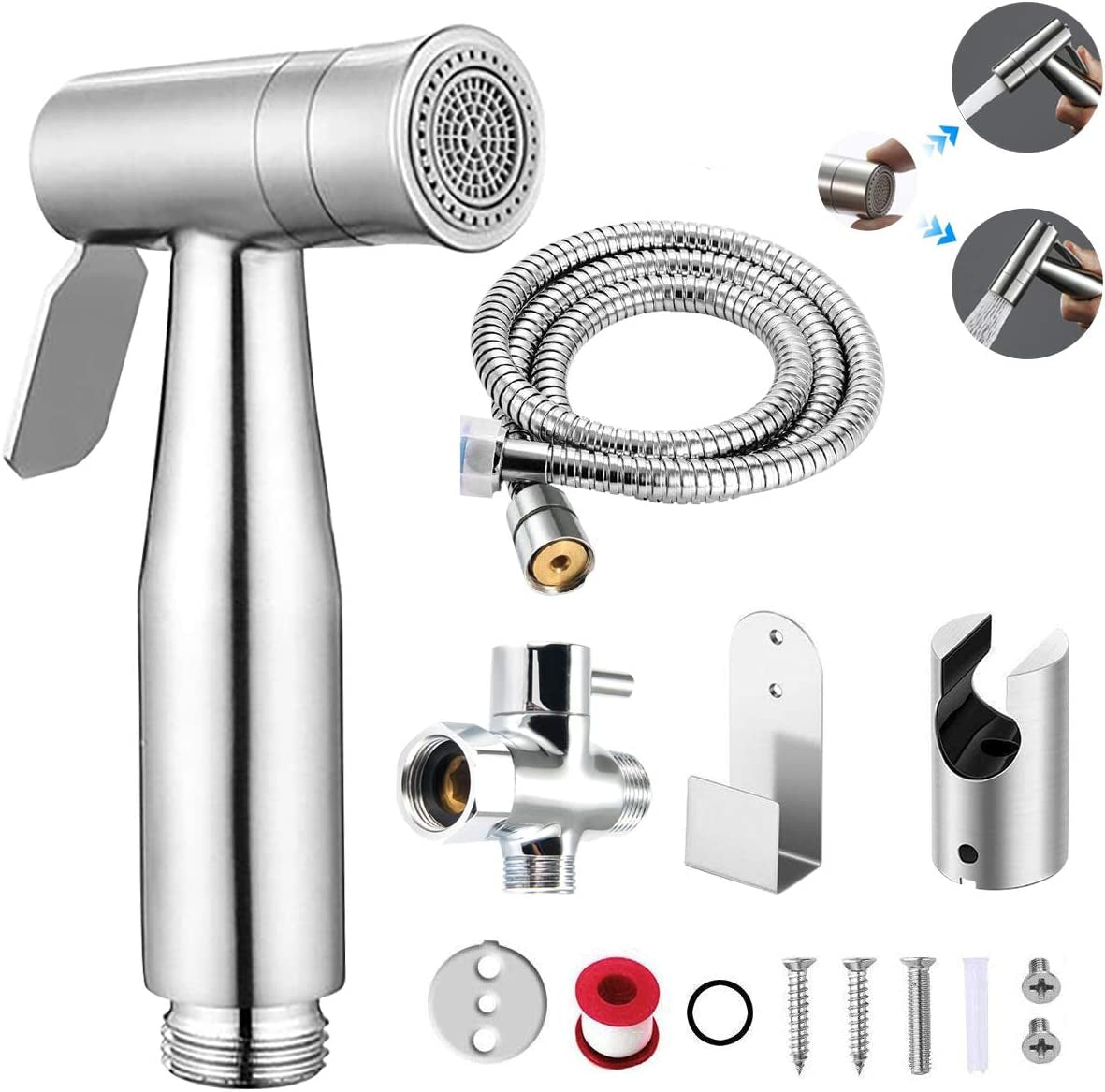Handheld Bidet Sprayer for Toilet, Dual Mode Spray Head (Jet/Soft) Baby Cloth Diaper Sprayer Bidet for Toilet Stainless Steel Bathroom Hand Held Muslim Shattaf Kit Brass T-Adaptor 47 Inch Hose