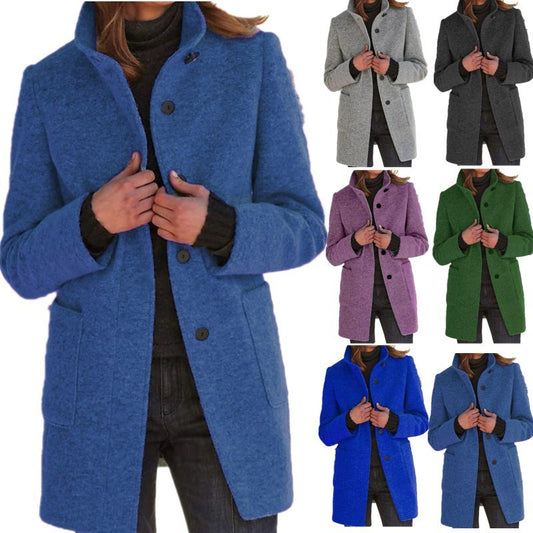 Women's Fall and Winter Stand Collar Woolen Coat With Pockets For