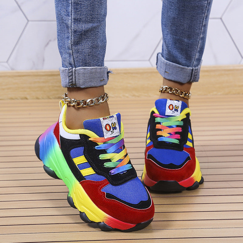 Women's Fashion Thick Bottom Colorful Front Lace-up Sneakers - Prime Warehouse