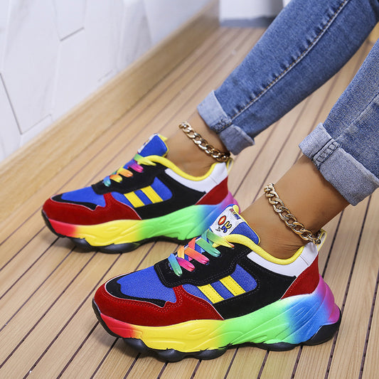 Women's Fashion Thick Bottom Colorful Front Lace-up Sneakers - Prime Warehouse