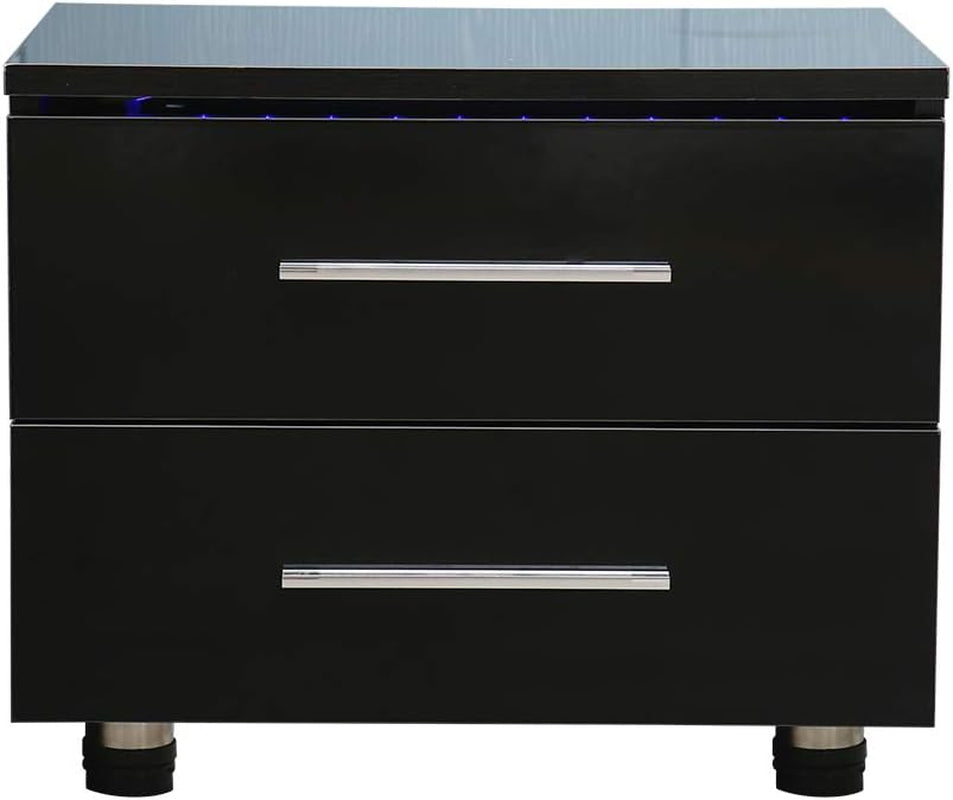 Modern High Gloss LED Lights Nightstand,Bedside End Table with 2 Drawers,End Table Bedroom Storage Bedside, Stand End Bedside Table Organizer (Black)
