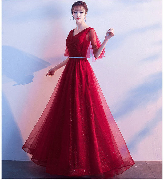 Beauty-Emily Tulle V Neck Ruffle Evening Dresses Long A-line Crystal Formal Dress Party Prom Gowns Lace Up Back Vestido de noche - Prime Warehouse