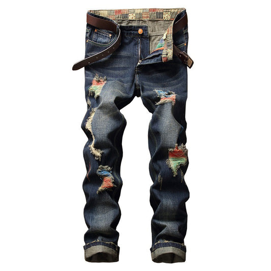 Personalized Brushed Jeans Men's Ripped Straight-leg Jeans - Prime Warehouse