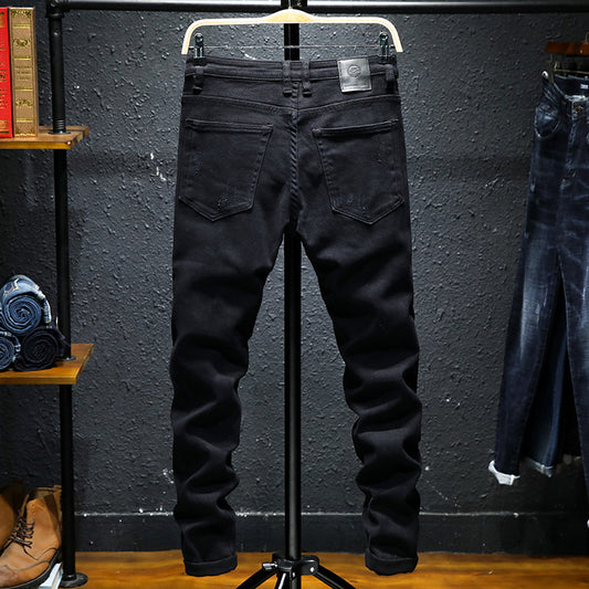 Spring And Summer New Jeans Pure Black Ripped Stretch Jeans Men Black Jeans Men - Prime Warehouse