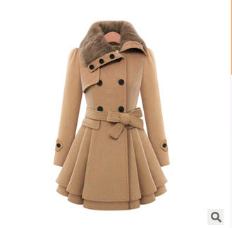 Mid-length Woolen Coat With Belt Thickened Double-breasted Padded Windbreaker Coat for Women