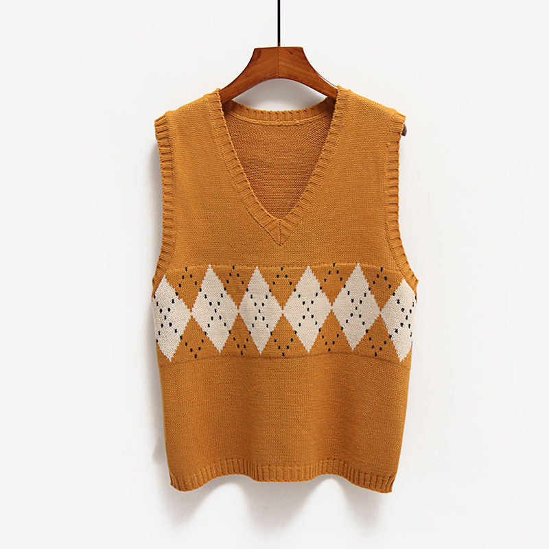 Loose short college style V-neck knitted vest