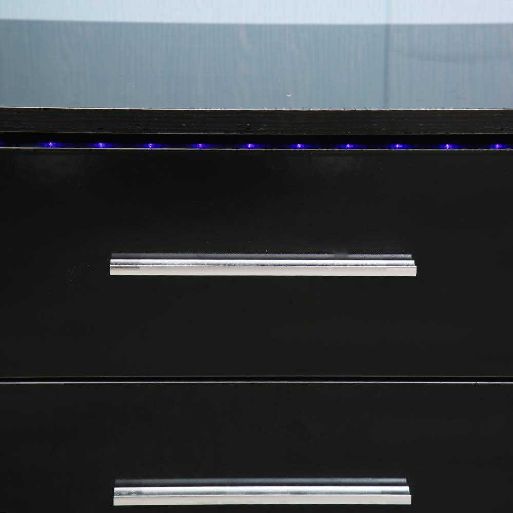 Modern High Gloss LED Lights Nightstand,Bedside End Table with 2 Drawers,End Table Bedroom Storage Bedside, Stand End Bedside Table Organizer (Black)