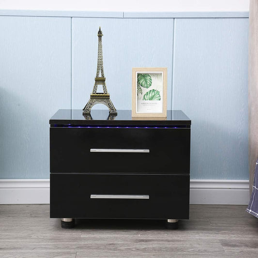 Modern High Gloss LED Lights Nightstand,Bedside End Table with 2 Drawers,End Table Bedroom Storage Bedside, Stand End Bedside Table Organizer (Black)