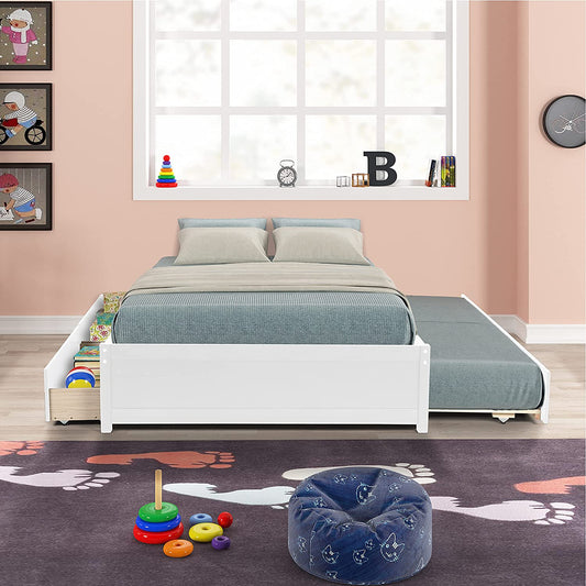 Full Bed with Trundle and 2 Drawers, Wood Full Size Platform Bed Frame Space-Saving Full Size Bed for Boys, Girls, Kids, Teens and Adults (Full, White)