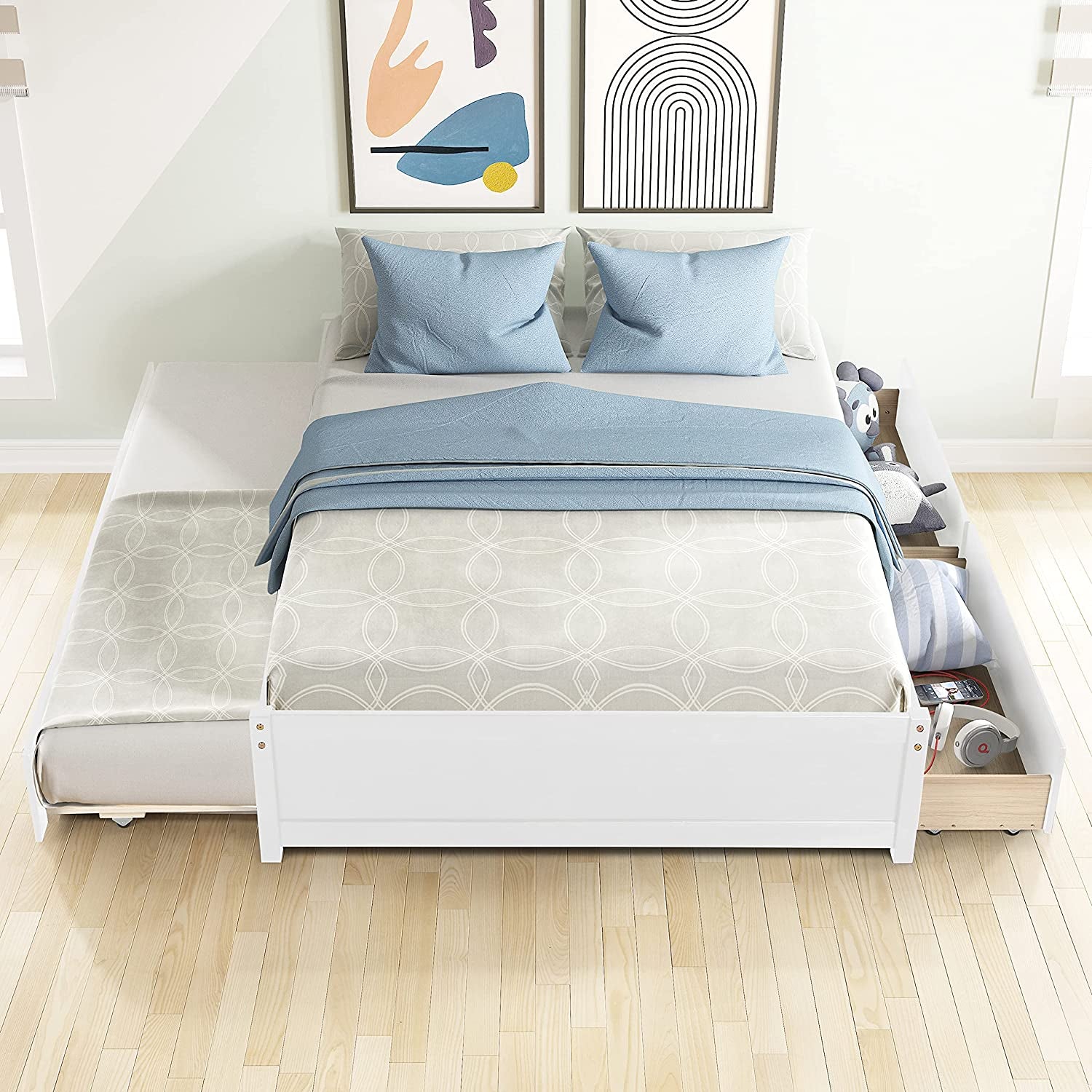 Full Bed with Trundle and 2 Drawers, Wood Full Size Platform Bed Frame Space-Saving Full Size Bed for Boys, Girls, Kids, Teens and Adults (Full, White)