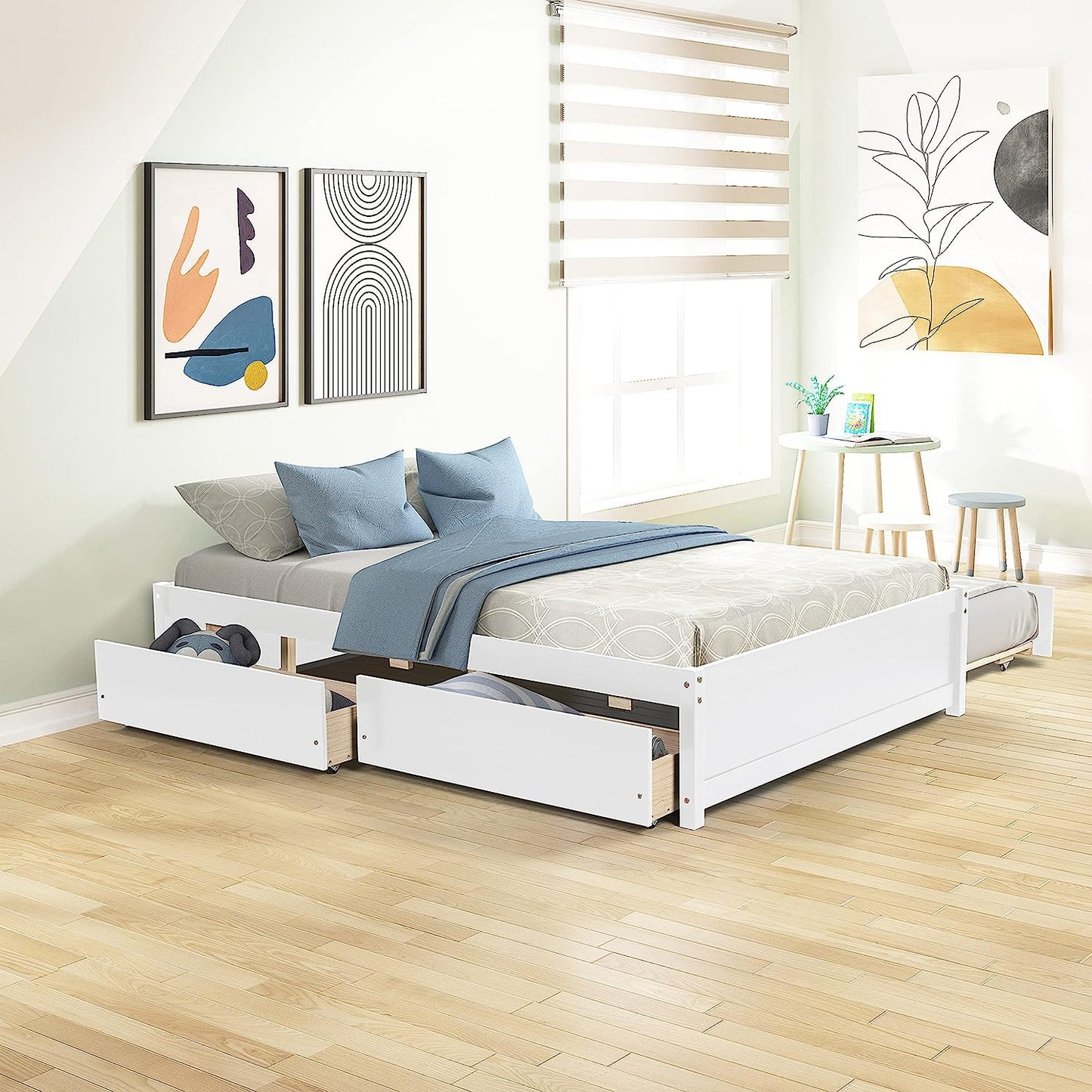 Full Bed with Trundle and 2 Drawers, Wood Full Size Platform Bed Frame Space-Saving Full Size Bed for Boys, Girls, Kids, Teens and Adults (Full, White)