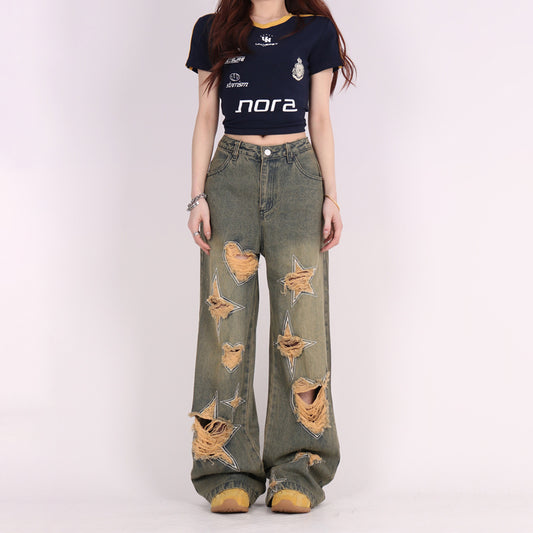 Retro Tattered Jeans Pants Love Wide Leg Jeans - Prime Warehouse
