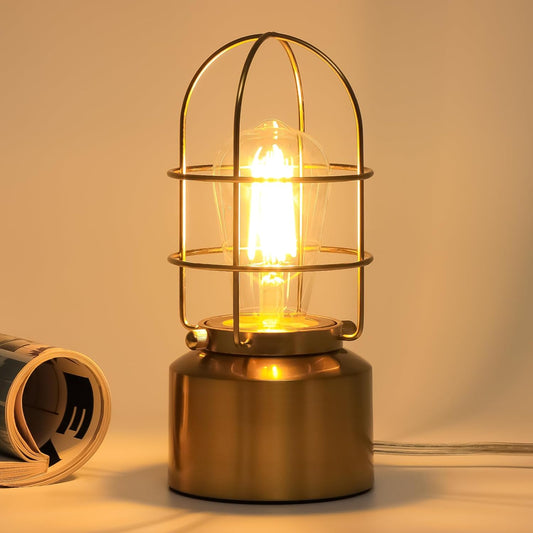 Haian 𝗦𝗺𝗮𝗹𝗹 𝗧𝗼𝘂𝗰𝗵 𝗚𝗼𝗹𝗱 𝗧𝗮𝗯𝗹𝗲 𝗟𝗮𝗺𝗽 for Small Spaces - 3 Way Dimmable Industrial Bedside Lamp - Steampunk Antique Nightstand Desk for Bedroom, Living Room (Bulb Included)