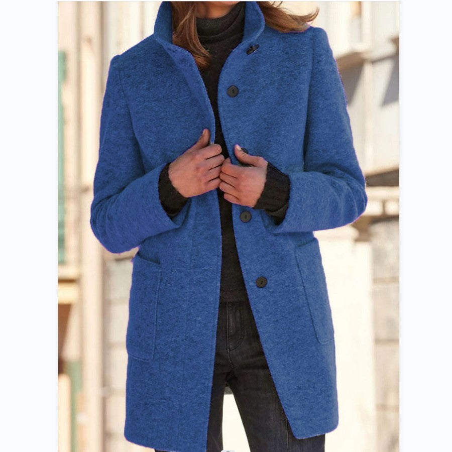 Women's Fall and Winter Stand Collar Woolen Coat With Pockets For