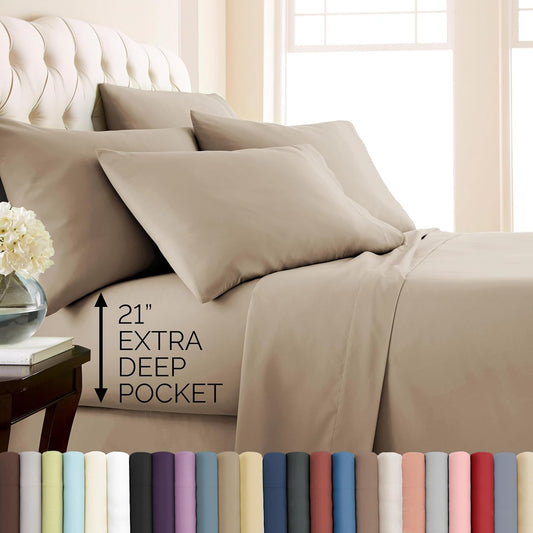6-Piece Microfiber Bed Sheets Queen Size Set, 21-Inch Extra Deep Pocket Fitted Sheet Queen, Oversized Flat Sheet, Taupe Pillow Cases Set of 4, Taupe Sheets
