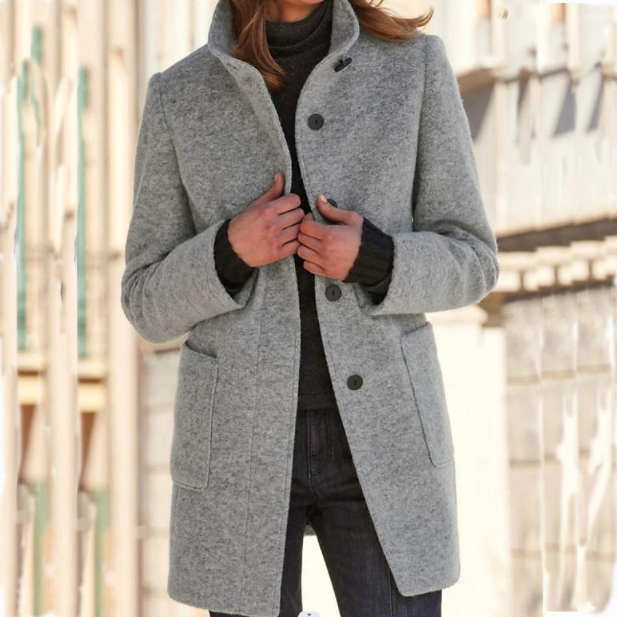 Women's Fall and Winter Stand Collar Woolen Coat With Pockets For