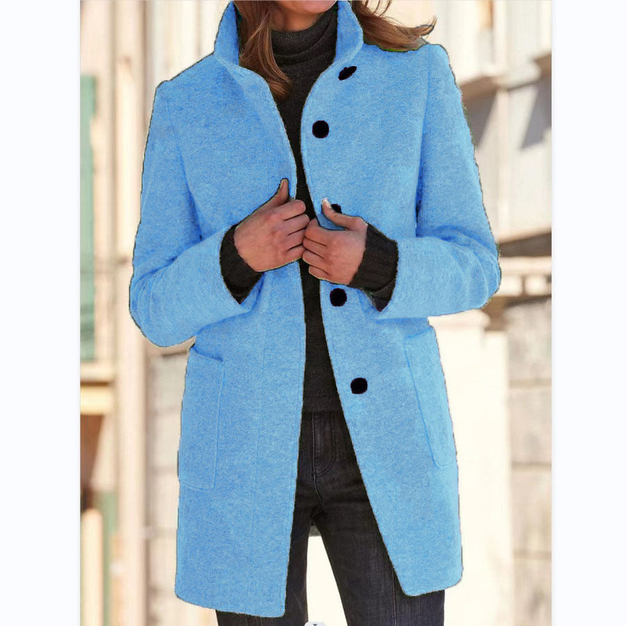 Women's Fall and Winter Stand Collar Woolen Coat With Pockets For