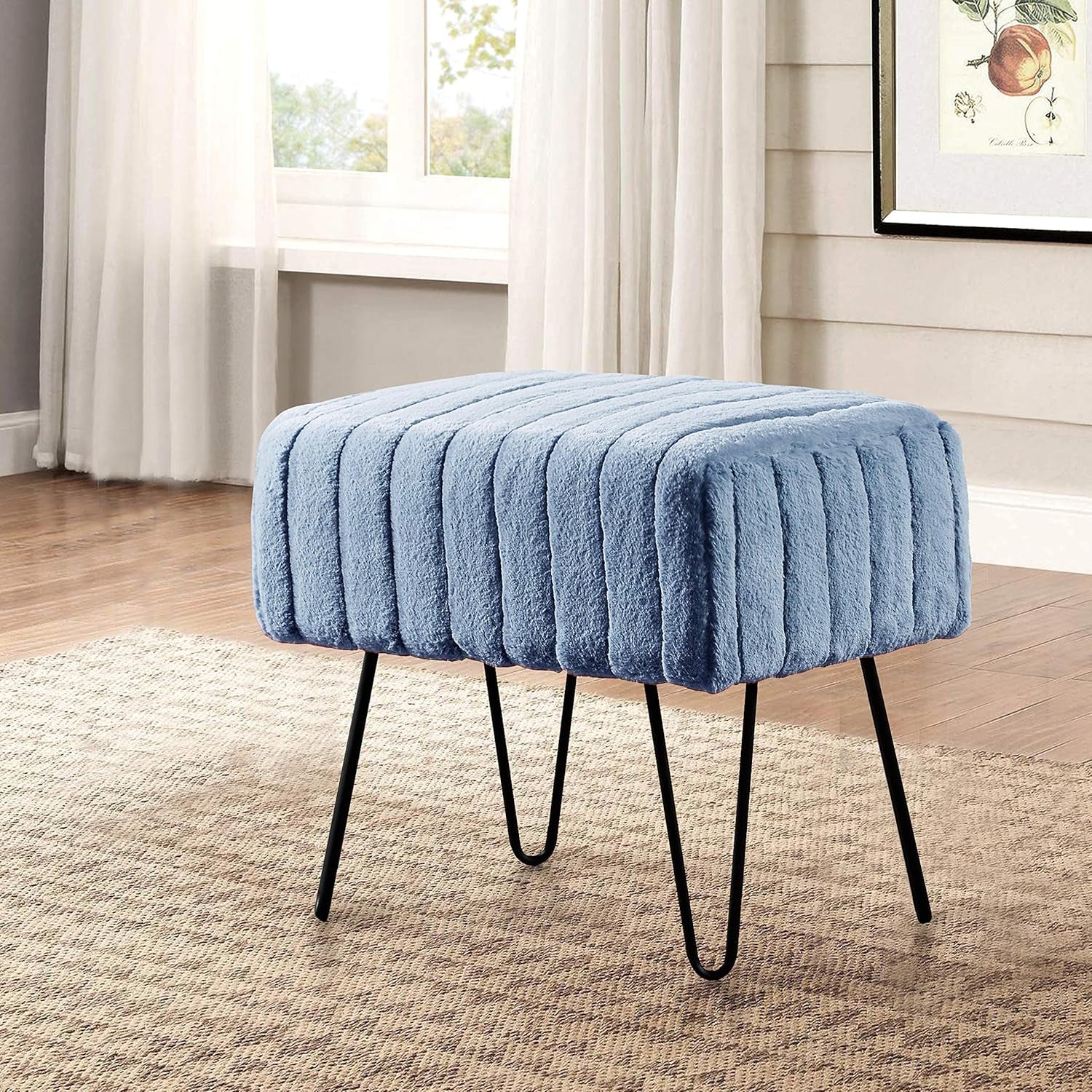 Super Mink Faux Fur Blue Ottoman Bench 19" X 13" X 17", Blue Mirage, Living Room Foot Rest Stool Entryway Makeup Bench End of Bed Bedroom Home Decor Chair for Sitting