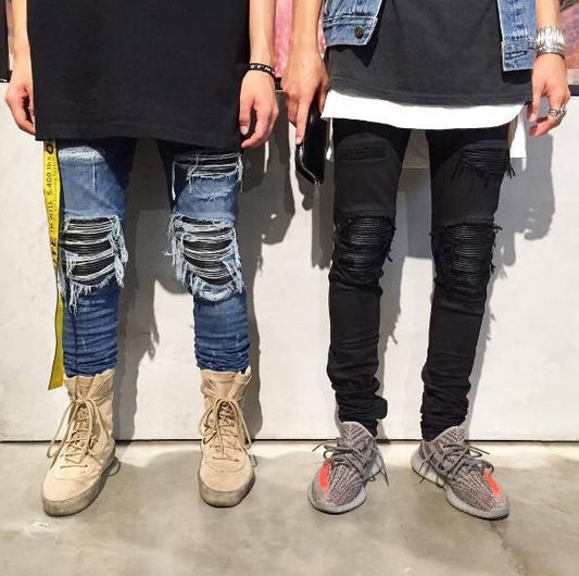 Shredded jeans, slim feet, jeans, motorcycle, men's trousers - Prime Warehouse