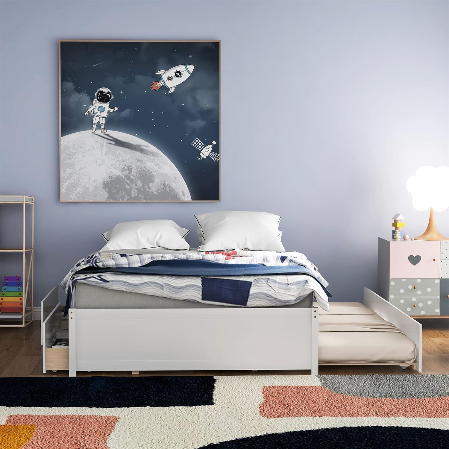Full Bed with Trundle and 2 Drawers, Wood Full Size Platform Bed Frame Space-Saving Full Size Bed for Boys, Girls, Kids, Teens and Adults (Full, White)
