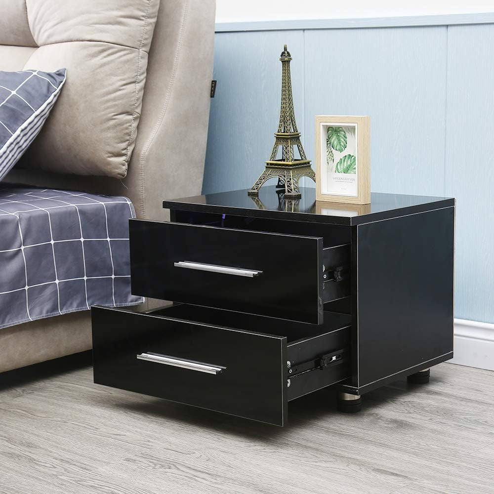 Modern High Gloss LED Lights Nightstand,Bedside End Table with 2 Drawers,End Table Bedroom Storage Bedside, Stand End Bedside Table Organizer (Black)
