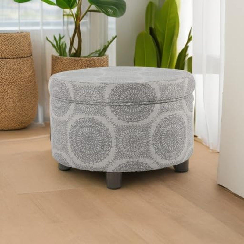 Home Decor | Upholstered round Storage Ottoman | Ottoman with Storage for Living Room & Bedroom (Grey Medallion) 24.0 In. X 24.0 In. X 17.0 In.