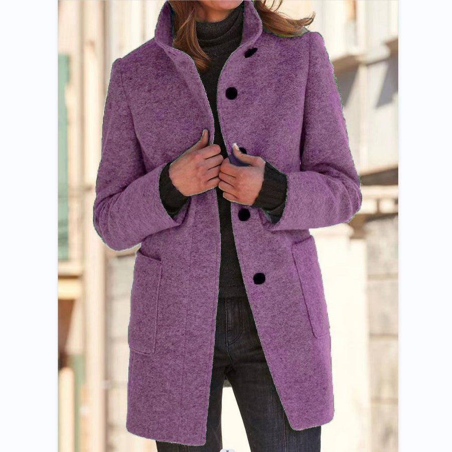 Women's Fall and Winter Stand Collar Woolen Coat With Pockets For