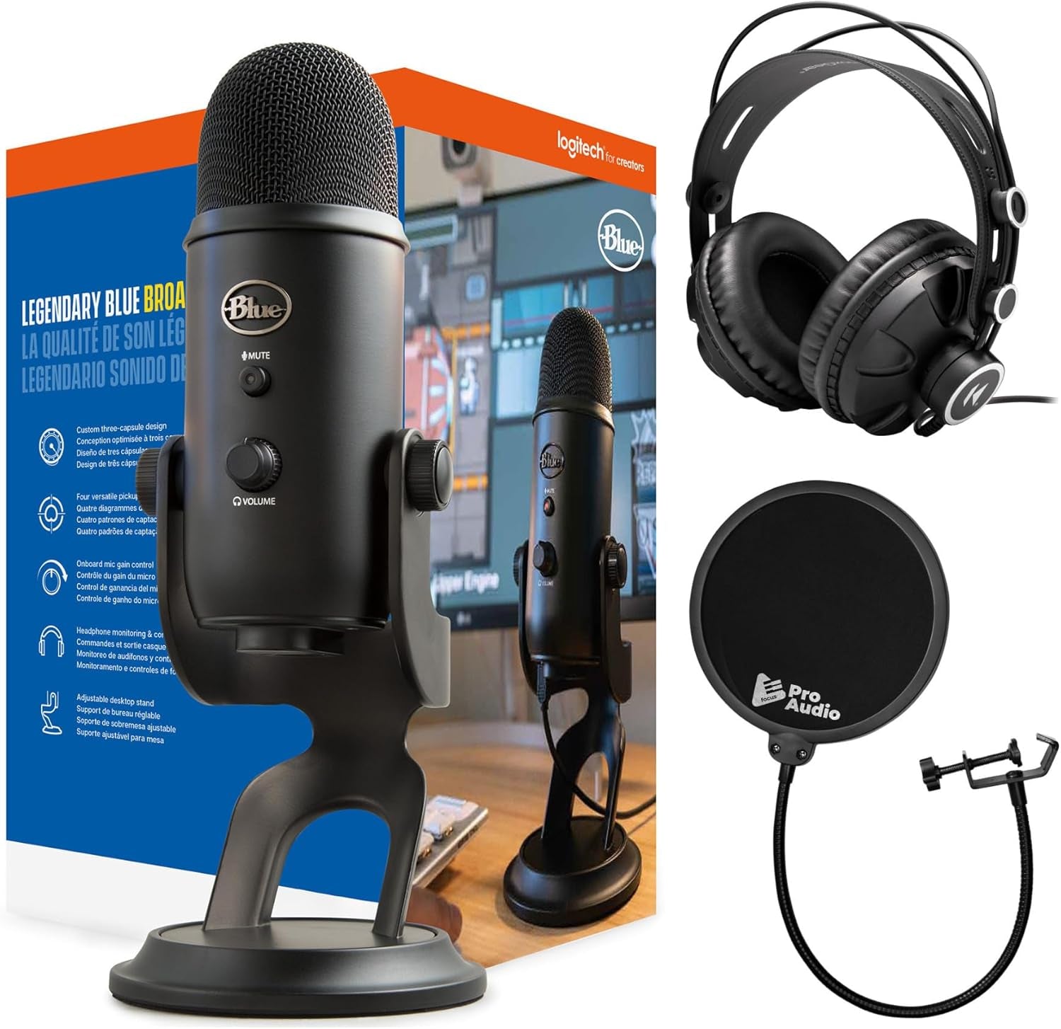 USB Microphone (Blackout) Bundle with Focus Pro Audio Headphones and Pop Filter (3 Items)