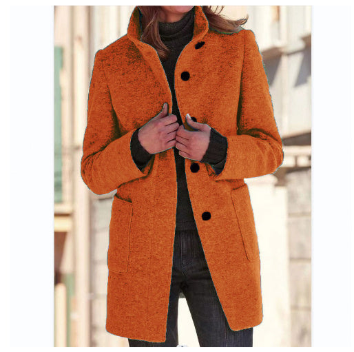 Women's Fall and Winter Stand Collar Woolen Coat With Pockets For