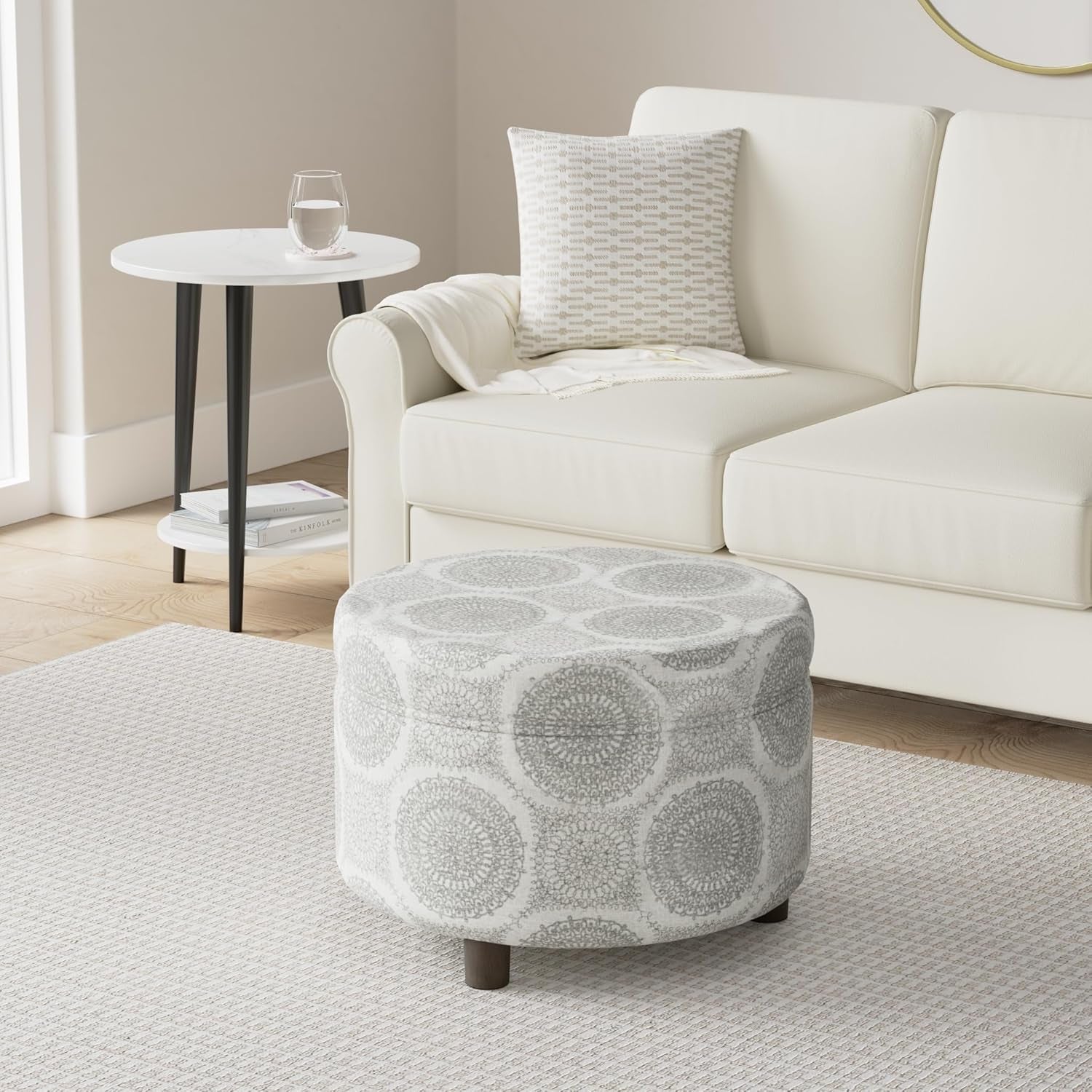 Home Decor | Upholstered round Storage Ottoman | Ottoman with Storage for Living Room & Bedroom (Grey Medallion) 24.0 In. X 24.0 In. X 17.0 In.