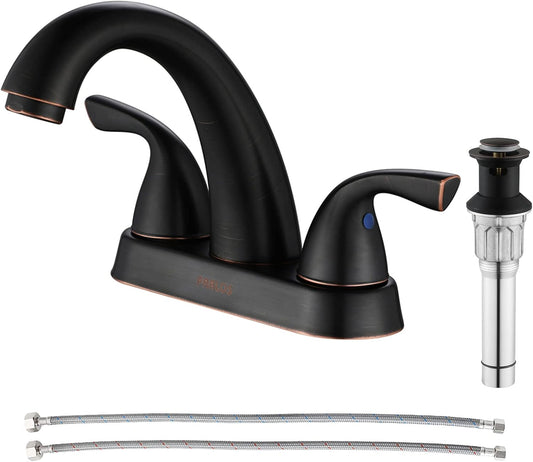 Two-Handle Bathroom Sink Faucet with Metal Drain Assembly and Supply Hose Lead-Free Cupc Mixer Double Handle Tap Deck Mounted Oil Rubbed Bronze, 13597