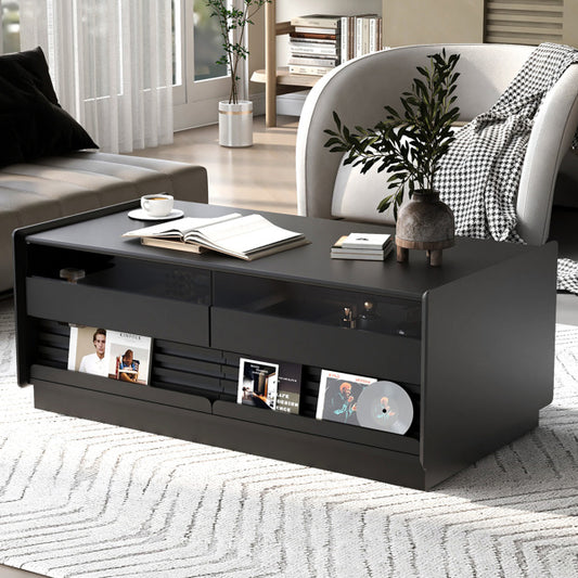 Modern Rectangle Coffee Table With 4 Drawers And 2 Display Shelves, Wood Coffee Table With Fluted Style, Tempered Glass For Living Room - Prime Warehouse