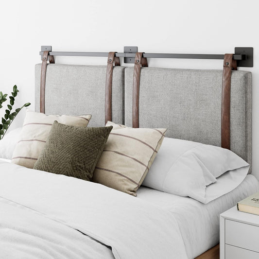 Harlow Modern Wall Mount Hanging Headboard, King, Gray with Brown Faux Leather Straps