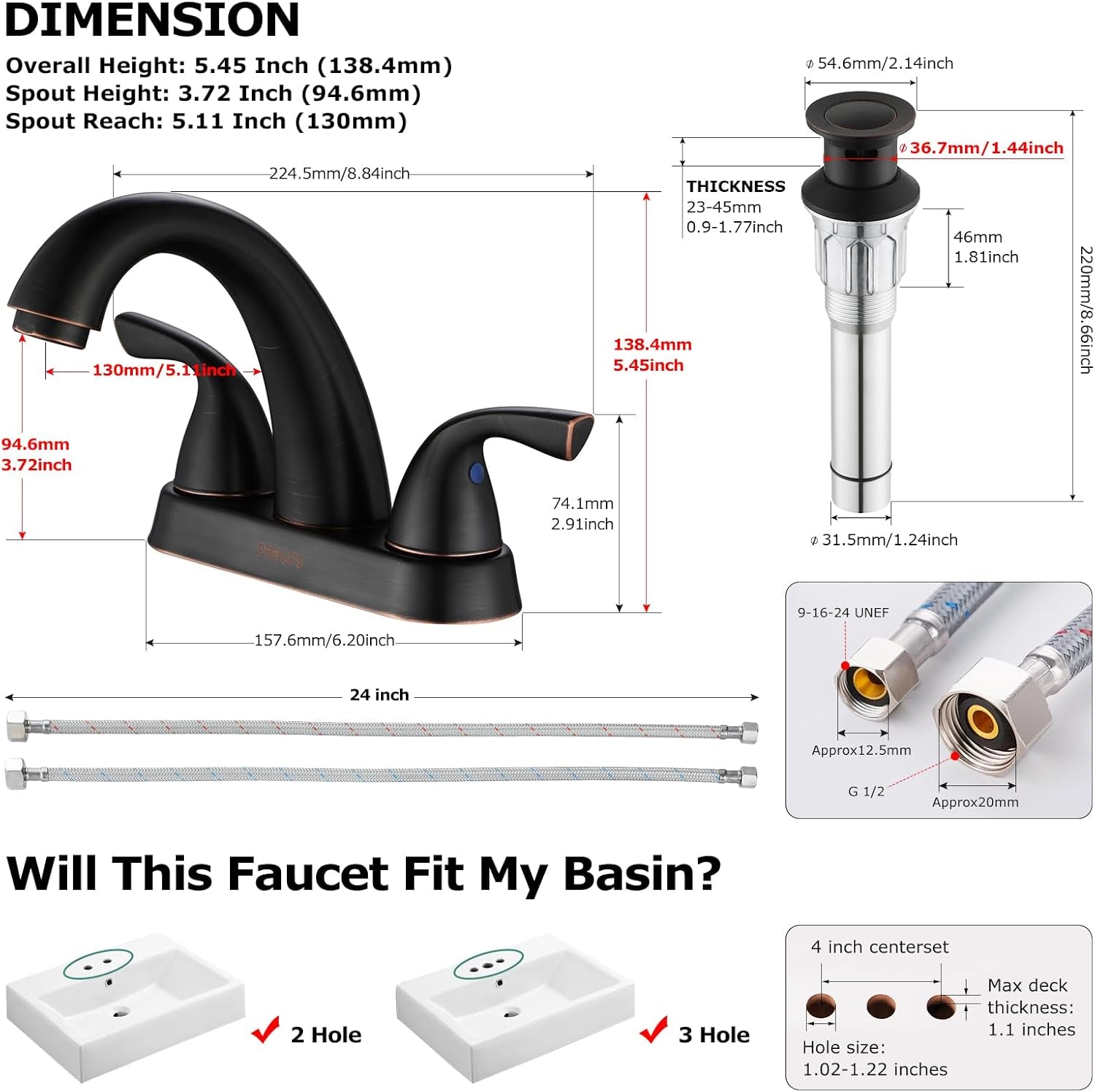 Two-Handle Bathroom Sink Faucet with Metal Drain Assembly and Supply Hose Lead-Free Cupc Mixer Double Handle Tap Deck Mounted Oil Rubbed Bronze, 13597