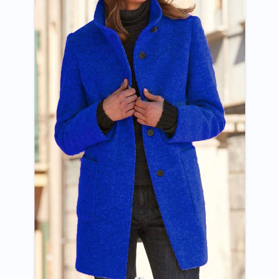 Women's Fall and Winter Stand Collar Woolen Coat With Pockets For