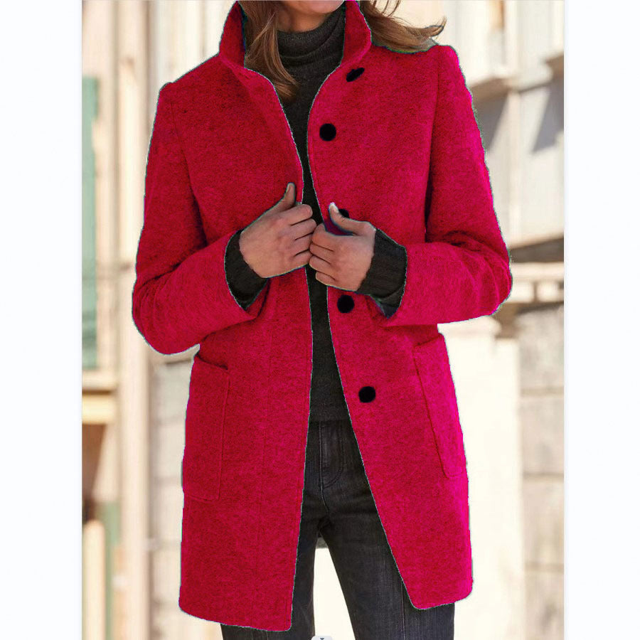 Women's Fall and Winter Stand Collar Woolen Coat With Pockets For