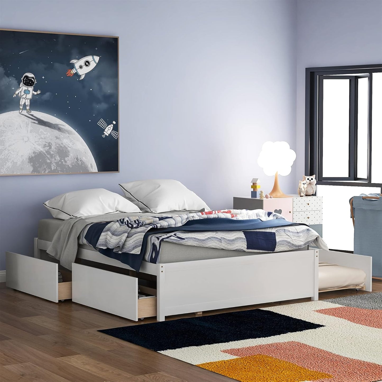 Full Bed with Trundle and 2 Drawers, Wood Full Size Platform Bed Frame Space-Saving Full Size Bed for Boys, Girls, Kids, Teens and Adults (Full, White)