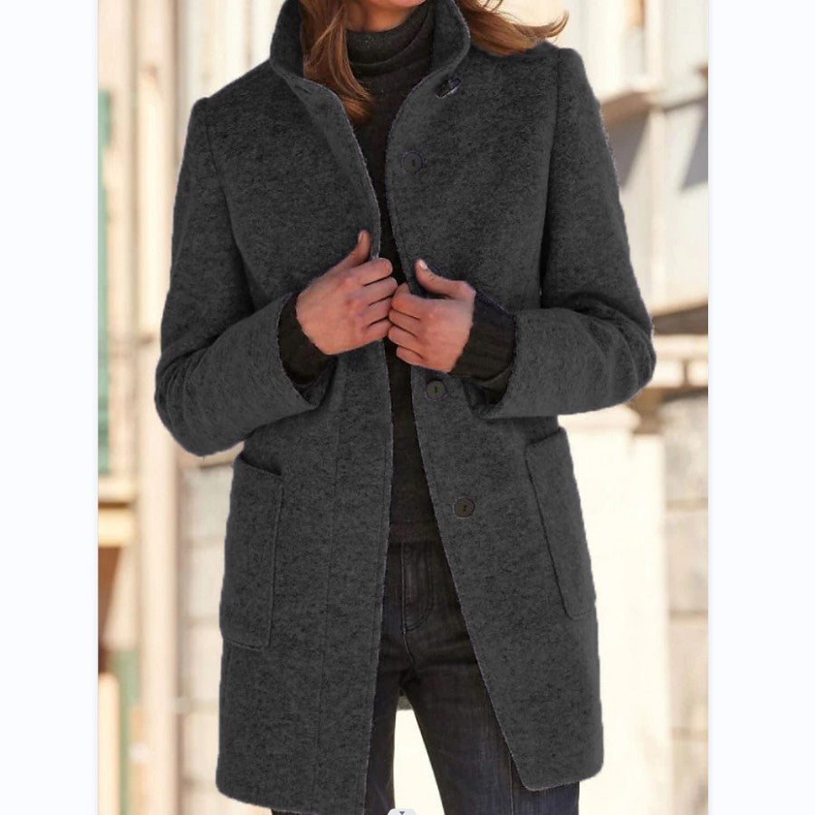 Women's Fall and Winter Stand Collar Woolen Coat With Pockets For