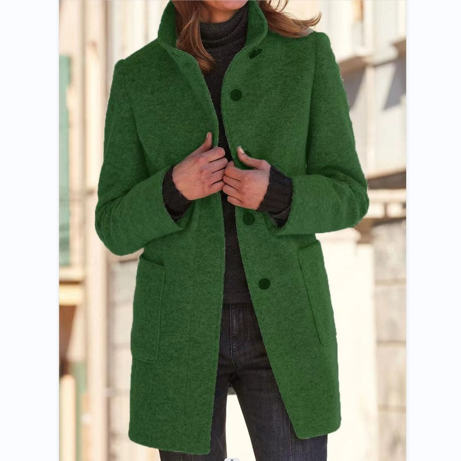 Women's Fall and Winter Stand Collar Woolen Coat With Pockets For