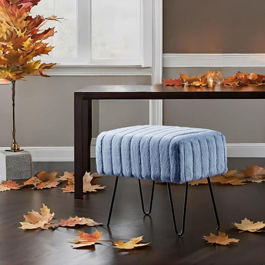 Super Mink Faux Fur Blue Ottoman Bench 19" X 13" X 17", Blue Mirage, Living Room Foot Rest Stool Entryway Makeup Bench End of Bed Bedroom Home Decor Chair for Sitting
