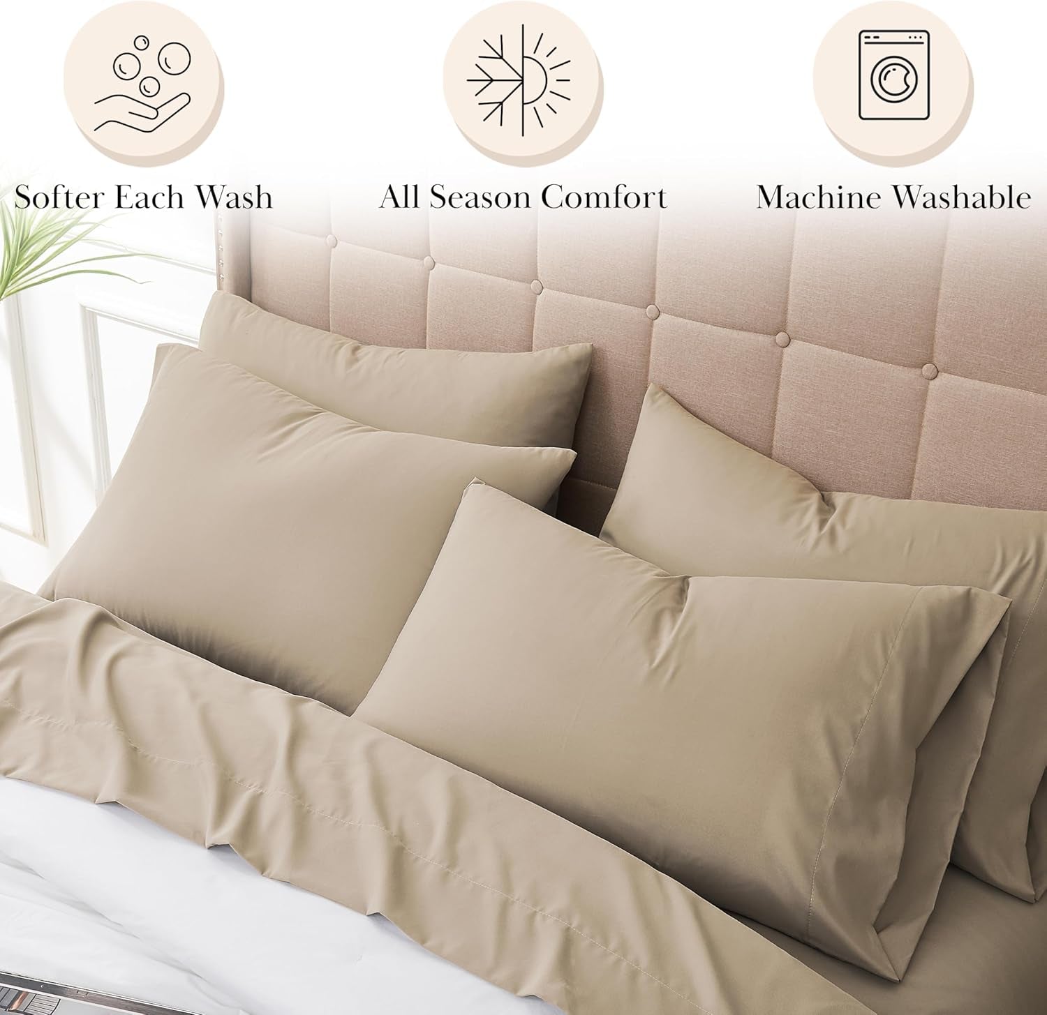 6-Piece Microfiber Bed Sheets Queen Size Set, 21-Inch Extra Deep Pocket Fitted Sheet Queen, Oversized Flat Sheet, Taupe Pillow Cases Set of 4, Taupe Sheets
