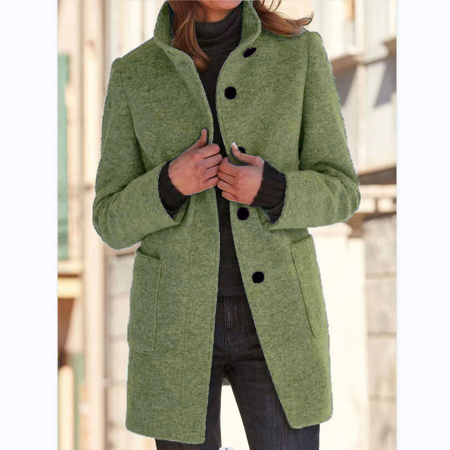 Women's Fall and Winter Stand Collar Woolen Coat With Pockets For