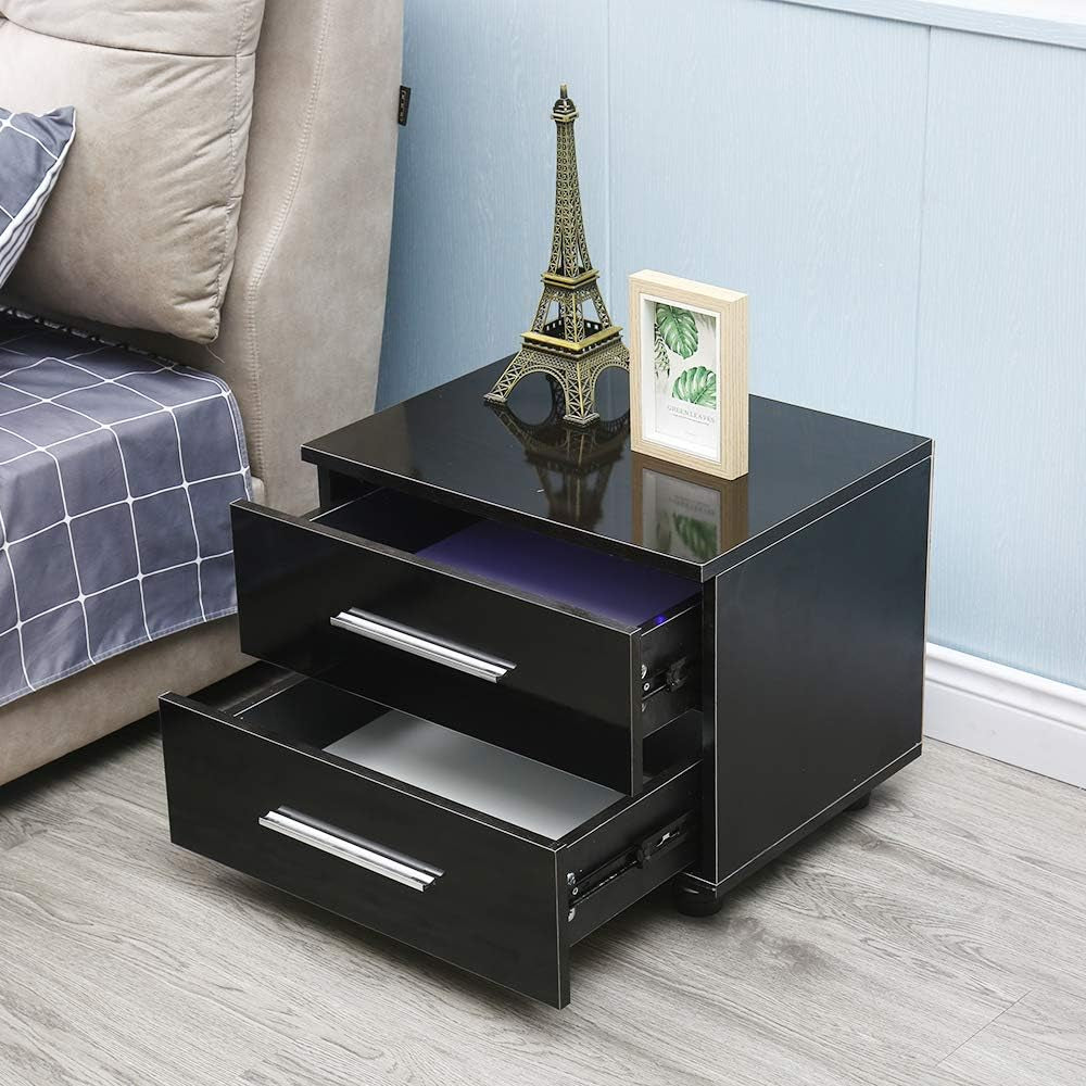 Modern High Gloss LED Lights Nightstand,Bedside End Table with 2 Drawers,End Table Bedroom Storage Bedside, Stand End Bedside Table Organizer (Black)