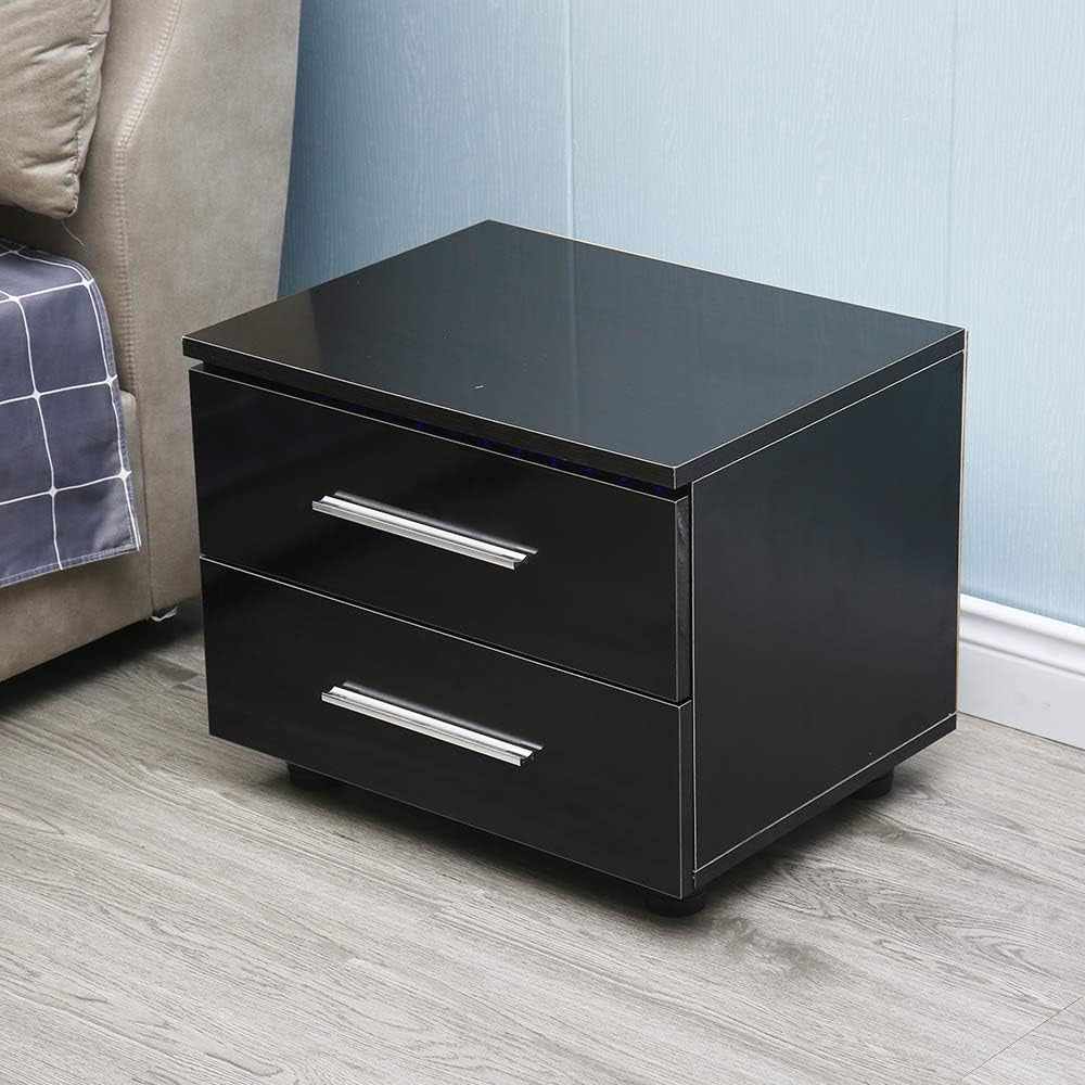 Modern High Gloss LED Lights Nightstand,Bedside End Table with 2 Drawers,End Table Bedroom Storage Bedside, Stand End Bedside Table Organizer (Black)