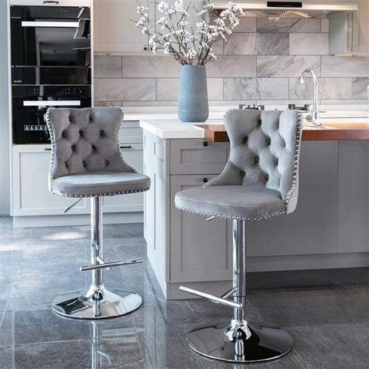 Rotating Velvet Bar Stool Gray 2-piece Set - Prime Warehouse