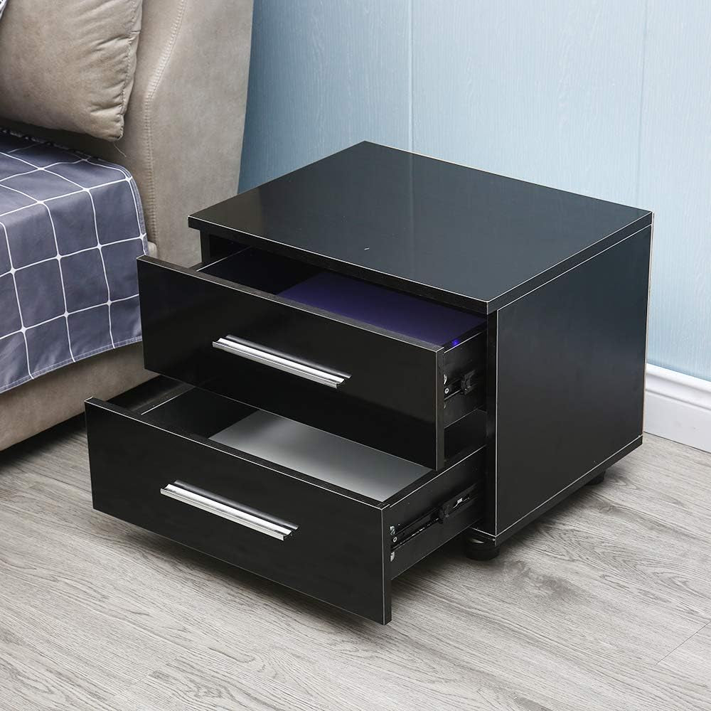 Modern High Gloss LED Lights Nightstand,Bedside End Table with 2 Drawers,End Table Bedroom Storage Bedside, Stand End Bedside Table Organizer (Black)